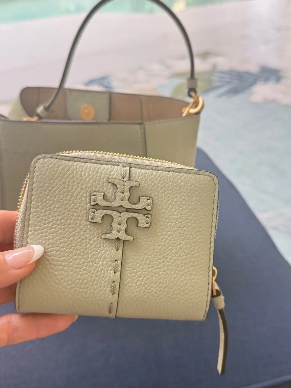 Tory Burch Pebbled Zip Card Wallet in Sage Green and Tory tote